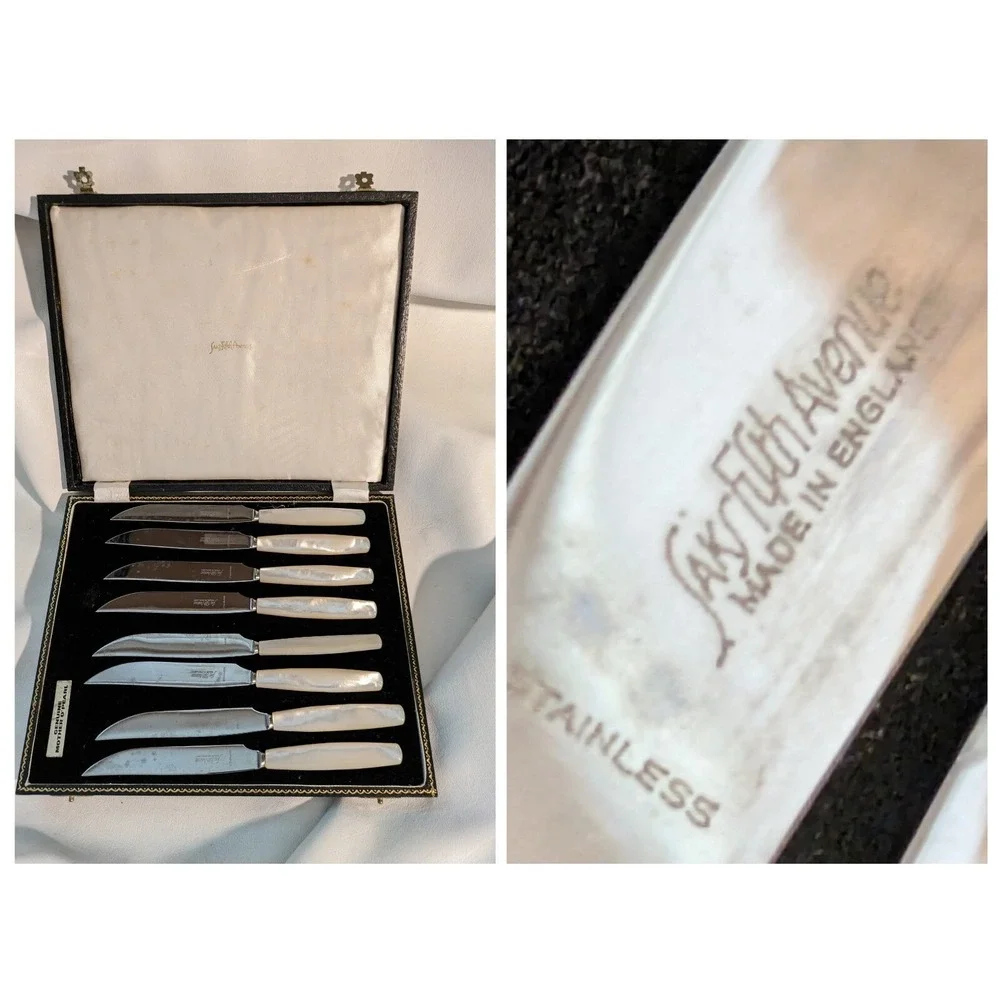 Set Of * Saks Fifth Avenue Fruit Knives Mother Of Pearl Handles Silverware Box